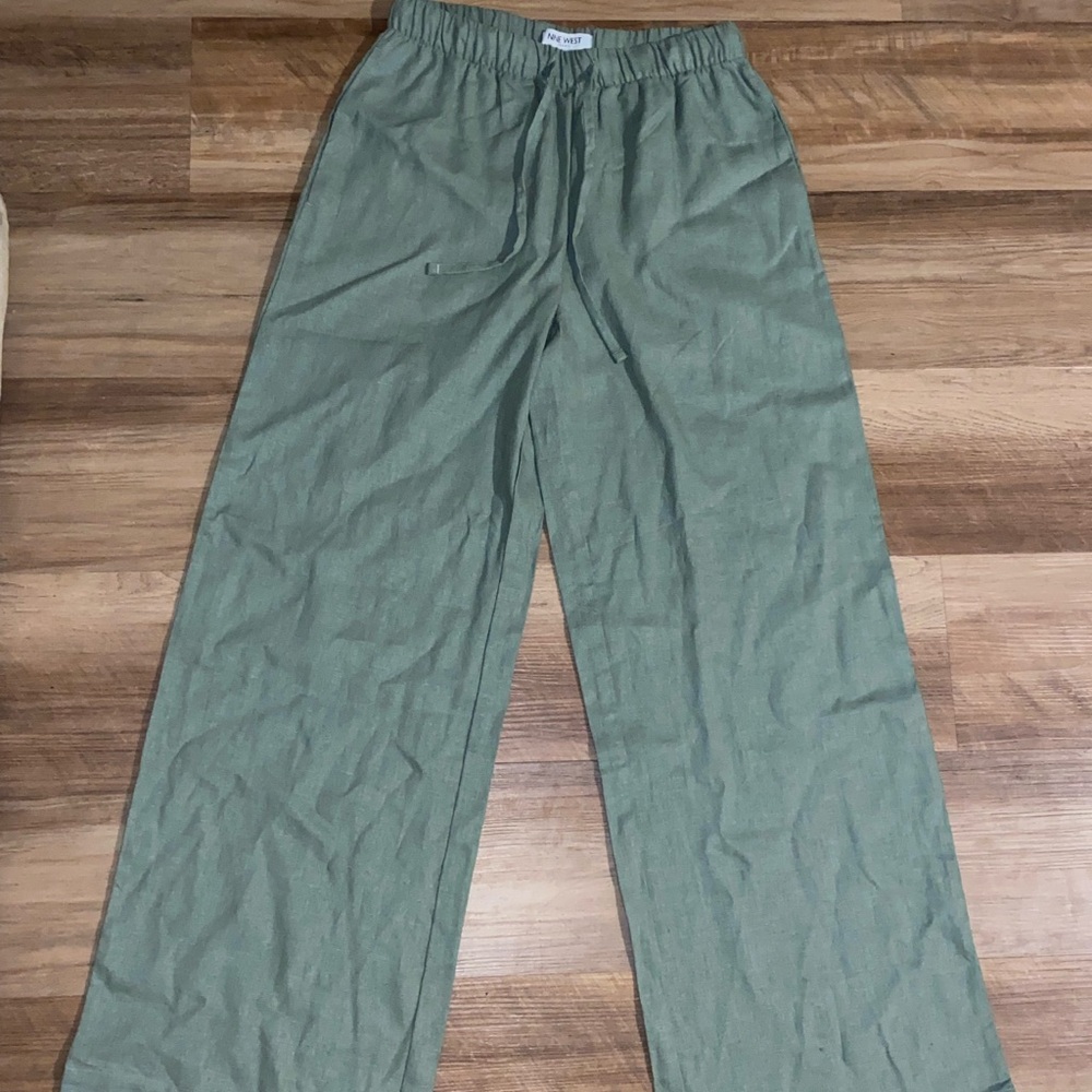 Nine West Green Casual Linen Pants with Elastic Waistband